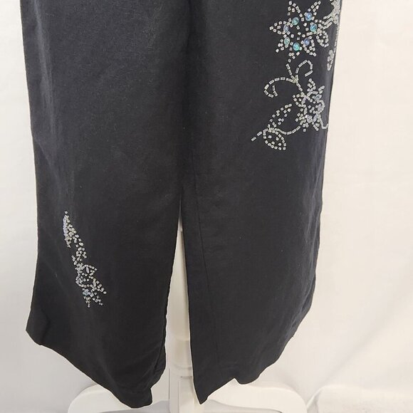Larry Levine Women 8P Black Linen Blend Floral Beaded Crop Pant Side Zip Casual - Picture 3 of 16